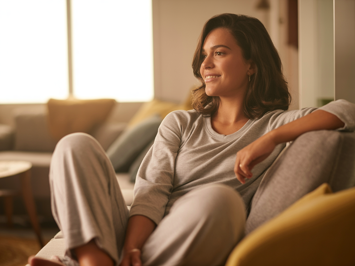 Mulher relaxada em casa após iniciar o tratamento